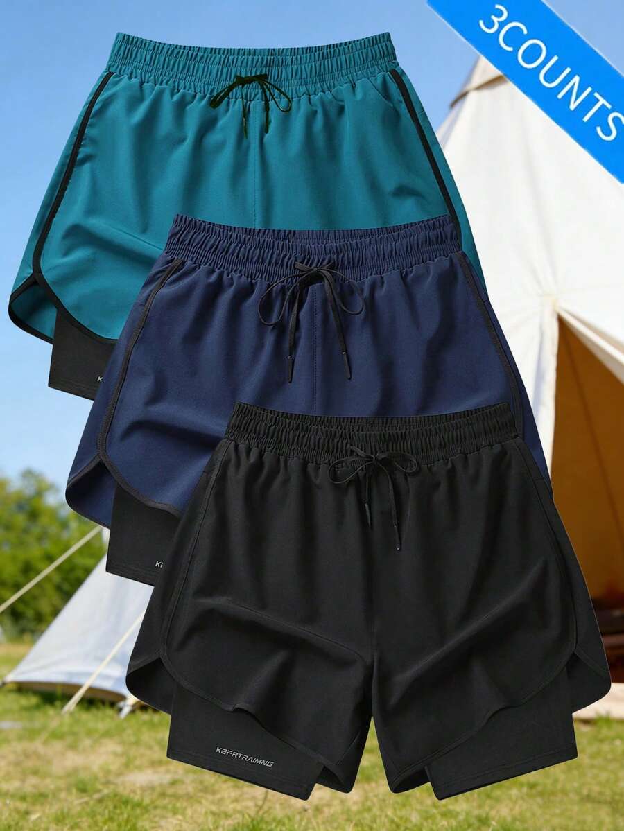 3pcs Men's Spring/Summer Drawstring Waist 2 In 1 Casual Sports Shorts, Suitable For Hiking & Cycling - Black - View 1