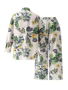 2pcs Vintage Print Set, Comfortable & Versatile, With Lapel Wide-Leg Pants; Suitable For Airport, Island Vacation Or Daily Shopping Spring - 橄欖綠 - 查看 11