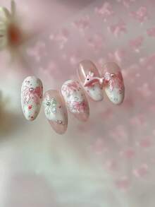 蝴蝶结美甲贴纸，1张粉色5D立体浮雕自粘DIY美甲贴纸 - 适合女孩和女士的美甲用品和美甲饰品 - 春夏美甲，适合家庭美甲沙龙 - 彩色 - 查看 3