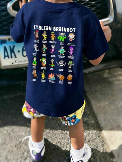 Boys' Printed T-Shirt, Soft And Comfortable Fabric, Suitable For Outdoor Sports, Casual Wear, Street Style, Campus Style, Fashionable Boys' Spring/Summer Versatile Top