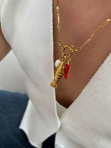 Monlansher New Arrival Women's Stainless Steel Necklace With Unique Fish, Pearl, Chili Pepper Pendant Design, Bohemian Style Fashion Necklace For Holiday, Vacation, And Daily Wear - Multicolor - View 4