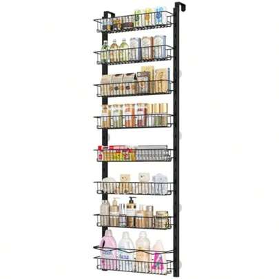 Over The Door Pantry Organizer 8-Tier Adjustable Spice Rack Cabinet Door Shees Hanging Seasoning Organizer For Kitchen Bathroom Laundry Room Organization Black