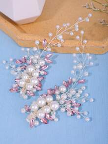 2pcs/Set Women's Handmade Pearl, Proteins & Glass Rhinestone Hair Clip For Bridal Wedding Headpiece, Elegant Sparkling Bohemian Casual Copper Alloy Bride Hair Accessories, All Season,Summer,Holiday,Travel - 淡紫色 - 查看 1
