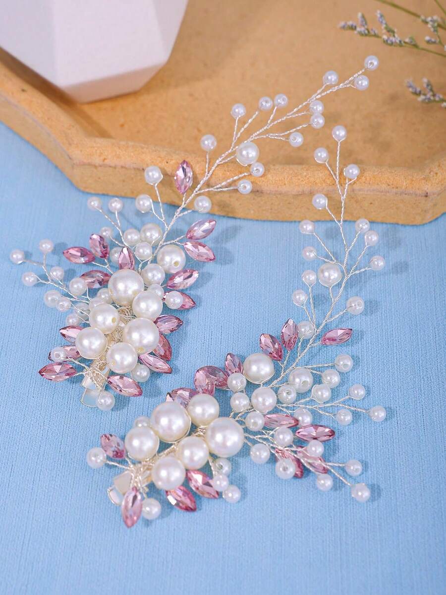 2pcs/Set Women's Handmade Pearl, Proteins & Glass Rhinestone Hair Clip For Bridal Wedding Headpiece, Elegant Sparkling Bohemian Casual Copper Alloy Bride Hair Accessories, All Season,Summer,Holiday,Travel - 淡紫色 - 查看 1