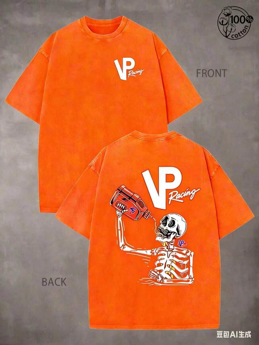 VP Racing Skeleton-Shirts, Eye-Catching Graphic-Shirts, Drifting And Racing Life Clothes Specially Designed Car Lovers; 230G Washed Cotton - Orange - View 1