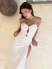 女士时尚优雅高开衩白色无肩带比基尼套装，饰有金属装饰，适合春夏度假、派对、浪漫波西米亚风旅行。 - 白色 - 查看 3