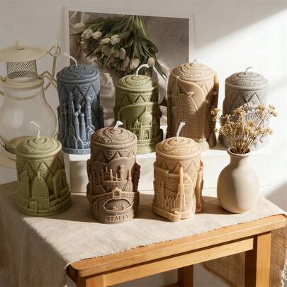 3D城市地标硅胶蜡烛模具，浮雕建筑图案圆柱形皂烛树脂模具，DIY香薰蜡烛制作材料，家居装饰手工礼品