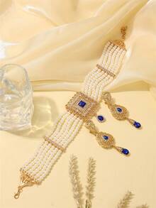 2pcs Moroccan Gold-Plated Jewelry Set For Women, Necklace & Earrings, Vintage Palace Style, Bridal Wedding Accessories, Gift For Her - Gold - View 8