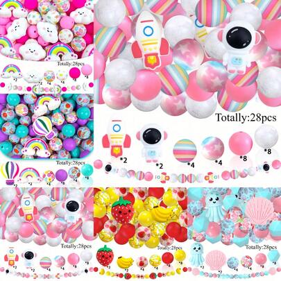 28pcs Silicone Beads, Rocket Astronaut, Rainbow Cloud, Hot Air Balloon, Strawberry, Banana, Jellyfish, Shell, Starry Sky, Flower, Banana, Strawberry, Ocean Elements Printed, Heart Shaped, Fashion Design, Suitable For Jewelry Making, DIY Bracelets, Lanyards, Beaded Pens, Holiday Decorations And Other Handicrafts - Ideal Birthday, Spring, Summer, Father's Day, Mother's Day Gift Making Accessories - Beading Set, Beading Supplies