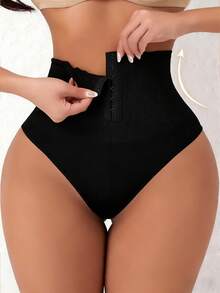 Women Seamless High Waist Tummy Control With Hook-And-Eye Closure Thong Design Lifting Shaping Briefs - 黑色 - 查看 3