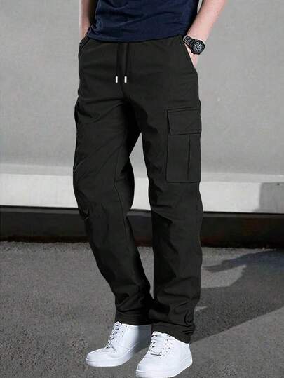 1pc Spring/Summer Men's Multi-Pocket Solid Cargo Pants, Casual Loose Fit Hiking Trousers For Beach, Vacation, Daily Commute, Workout, Outdoor, Fitness, Jogging, Streetwear, Fall