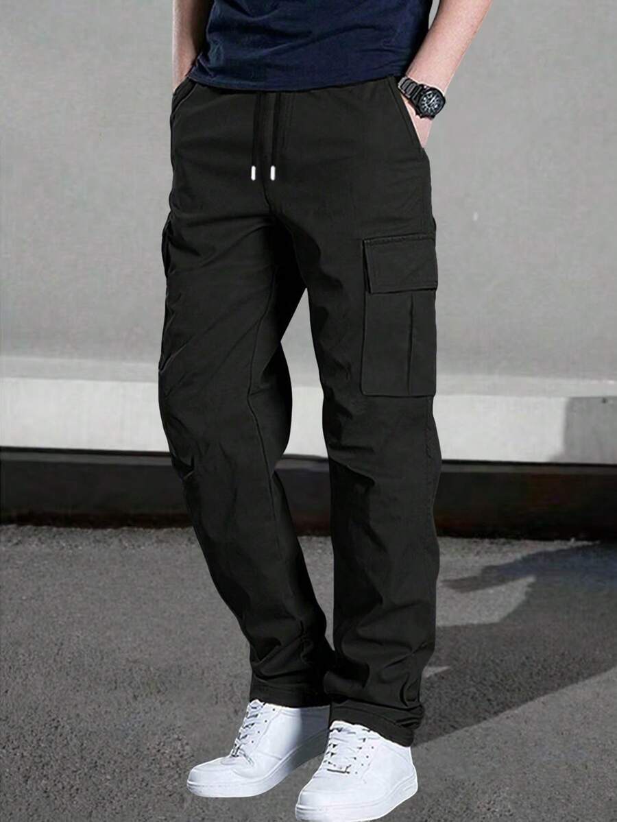 1 件春夏男士多口袋纯色工装裤，休闲宽松徒步裤，适合海滩、度假、日常通勤、锻炼、户外、健身、慢跑、街头服饰、秋季 - 黑色 - 查看 1