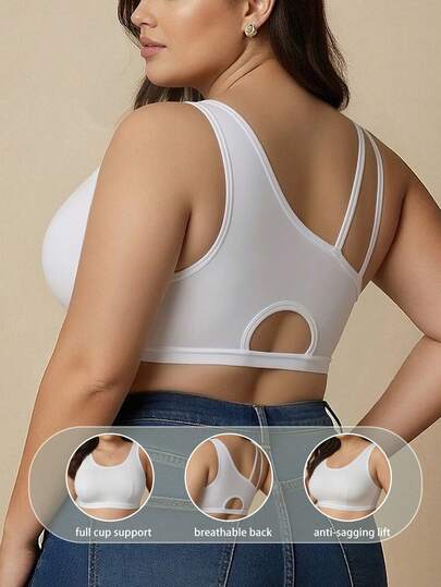 1pc Plus Size White Sexy Hollow Strap Design Wireless Seamless Comfortable Women Lingerie