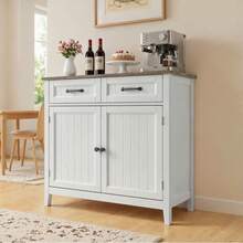 Modern Farmhouse Kitchen Sideboard With Worktop 2 Drawers Double Door Storage Cabinet For Dining Room Hallway - Grey - View 4