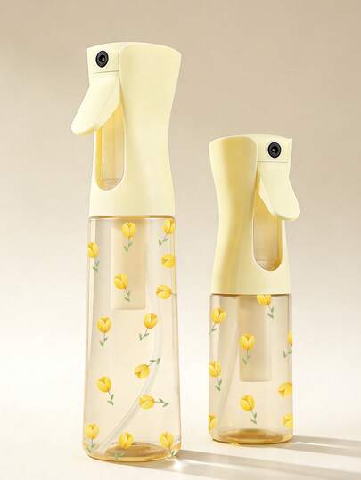 200ml/300ml High Pressure Continuous Automatic Airless Mist Sprayer Bottle, Multi-Functional Fine Mist Spray Bottle, Suitable For Travel, Business Trip, Makeup Removal, Reusable Hair Spray, Continuous Misting, Hairstyling, Cleaning, Plants, Facial Hydration, Transparent PET Bottle With Yellow Tulip Pattern, Refillable Travel Spray Bottle