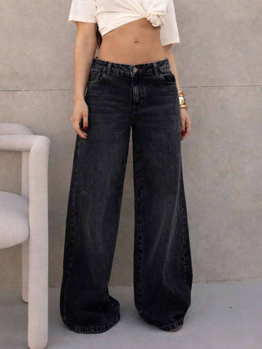 Women's Wide Leg Jeans With A Loose And Comfortable Fit - 深色水洗藍 - 查看 1
