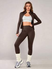 NcmRyu 一套女士时尚弹力拉链领口设计收腰提臀长袖运动套装（春季款） - 咖啡棕 - 查看 6