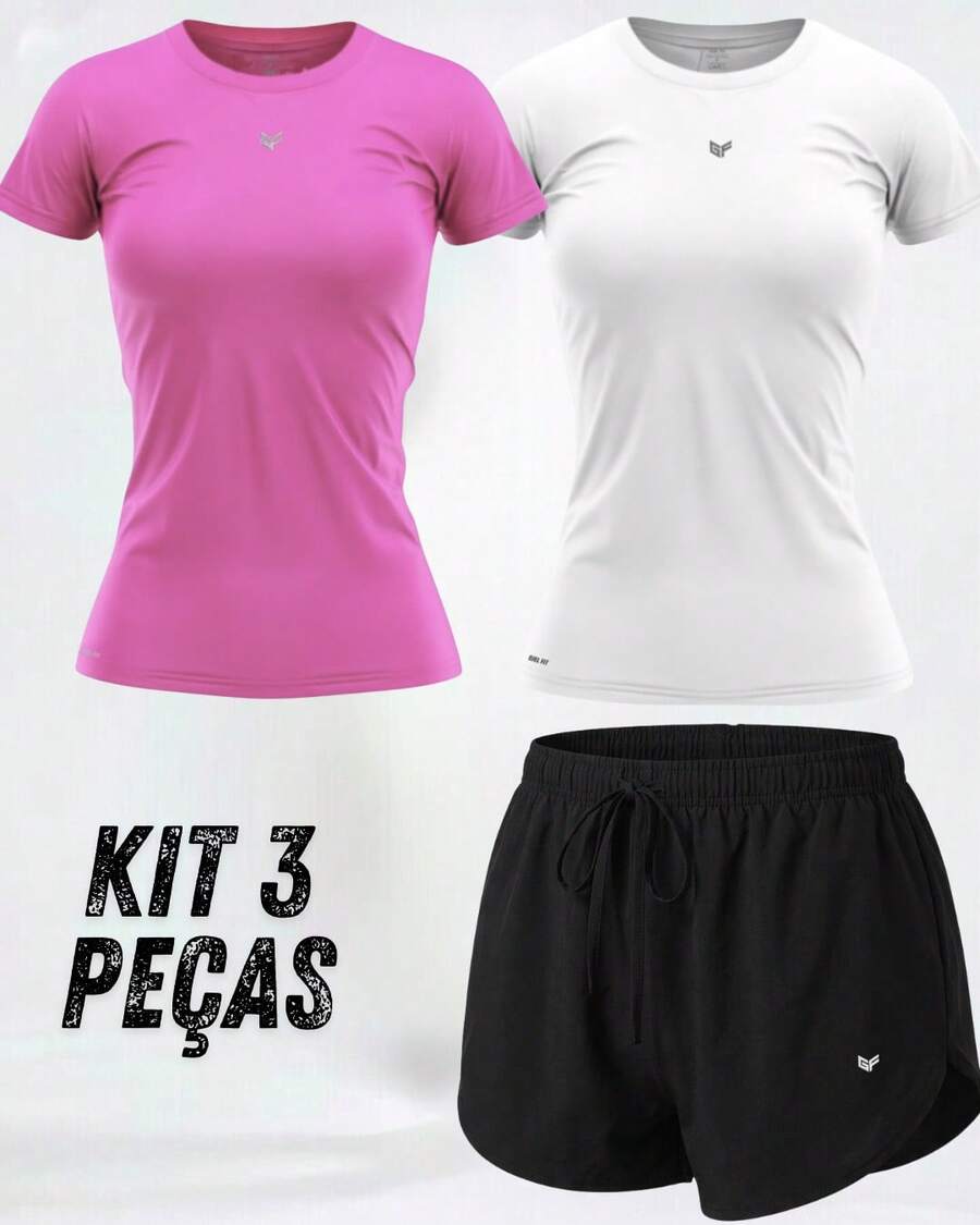 Women's 3-Piece Gym Kit: 2 Dry Fit T-Shirts + Comfortable Tactel Shorts - Women's 3-Piece Fitness Set With 2 Dry Fit Tops + Lightweight Shorts - 套件 D - 查看 1