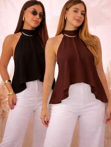 Women's Blouse With High Neck And Asymmetrical Neck Tie - 黑色/棕色 - 查看 3