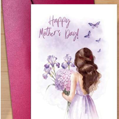 Happy Mother's Day! Elegant Watercolor Mother's Day Greeting Card With Dreamy Purple Tones, Featuring A Silhouette Of A Young Woman And A Bouquet Of Irises And Hydrangeas. Suitable For Children To Give To Mothers, Grandmothers, And Other Female Elders. (Includes 1 Card And 1 Envelope, 4.3" X 6.3")