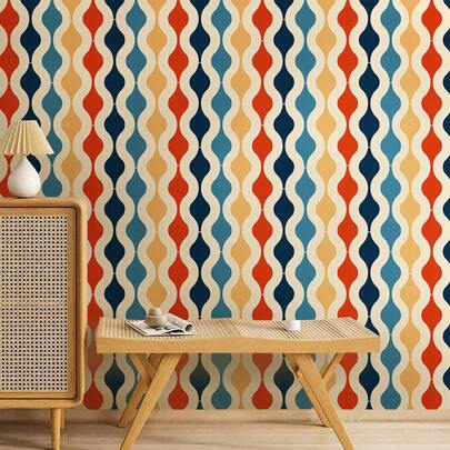 1 Roll Retro Wavy Self-Adhesive Wallpaper - Peel And Stick, Bohemian Style Multi-Color Geometric Striped Removable Contact Paper, Suitable For Living Room, Bedroom, Dining Room Wall, Home Decor, Cabinet, Bookshelf, Furniture Renewal, 17.32in Wide, Renter-Friendly, Spring Renewal Season, Holiday Decor Sticker, DIY Decorative