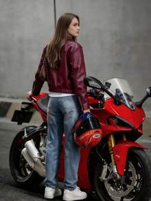 Women's Lapel Fashion PU Leather Jacket  Versatile Commuting Casual Leather Jacket | Zipper Windproof Leather Jacket | Elastic Hem Windproof Jacket | Women's Motorcycle Leather Jacket With Pockets, Loose And Slimming - 紅色 - 查看 3