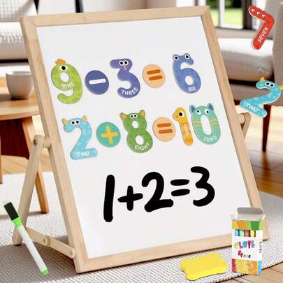 Kids Foldable Multifunctional Drawing Board (Black & White + Magnetic Whiteboard), Wooden Double-Sided Magnetic Drawing Board With Numeric & Alphabet Magnetic Stickers, Early Education Intelligent Scribble & Writing Board