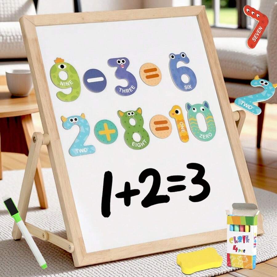 Bảng vẽ đa năng gấp gọn cho trẻ em (đen trắng + bảng trắng từ tính), bảng vẽ từ tính hai mặt bằng gỗ kèm nhãn dán số và chữ cái từ tính, bảng viết và vẽ thông minh cho giáo dục sớm.