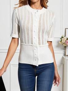 Áo khoác cardigan dệt kim tay ngắn mỏng nhẹ dành cho nữ, màu trắng, thích hợp cho mùa xuân/hè 2026, có cúc cài. - trắng - Xem 3