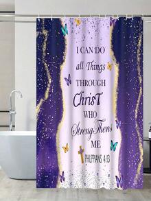 [Bộ phụ kiện phòng tắm hình bướm tím] Bộ 1/4 rèm tắm bằng polyester chống thấm nước in hình bướm tím, kèm 12 móc treo, thảm chống trượt và thảm tròn lót bồn cầu. - A - Xem 14