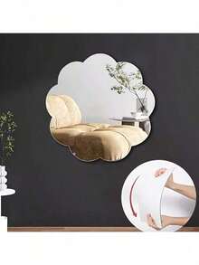 Floral-Patterned Self-Adhesive Wall Mirror – 30.0 Cm X 30.0 Cm, Frameless Design, No Drilling Required For Installation, Suitable For Bedroom And Bathroom Decor, Interior Design Aesthetics, Home Decor Accessories - Silver - View 4
