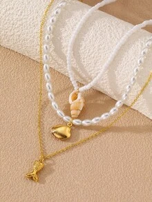 Set de 3 collares de acero inoxidable con estilo bohemio de playa con concha, estrella de mar y tortuga para mujeres - Multicolor - Ver 3