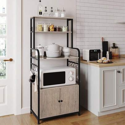 Estantería de 4 niveles para horno con gabinete de almacenamiento y aparador, soporte para horno microondas y barra de café, gabinete de despensa con 8 ganchos en S, estanterías de cocina independientes, estantería para especias, color gris