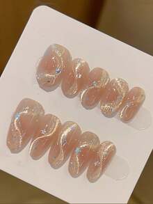 10pcs Handmade Bow, Cat Eye, Sparkling Star Accent Short Press-On Nails, Cute & Gentle Spring/Summer Daily Style. Removable Fake Nails Suitable For Women & Girls To Match Outfits, With Storage Box. - Pink - View 4