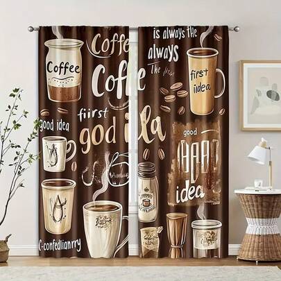 2pcs Coffee Theme Printed Curtains, Polyester Semi-Blackout Curtains, Durable And Machine Washable, Rod Pocket Design (Rods Not Included), Suitable For Office, Living Room, Bedroom, Dining Room, Kitchen, Bathroom, Study. Easy To Install Semi-Sheer Curtains, Everyday Home Decor, Suitable For All Seasons