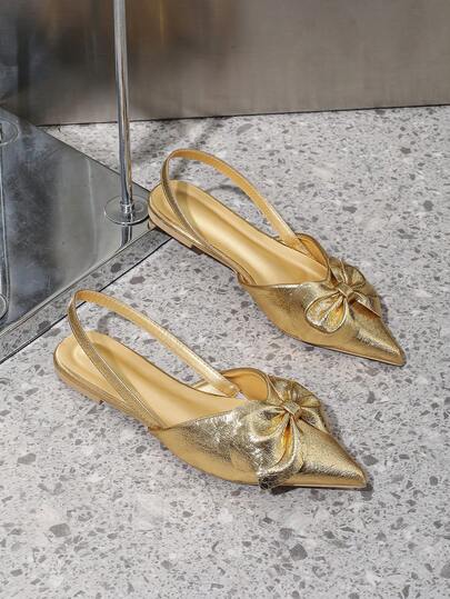 新款夏季时尚女士平底鞋，蝴蝶结尖头金色平底一脚蹬鞋