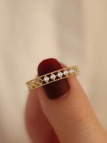 BALMORA 1 Pc Fashion Minimalist S925 Sterling Silver Fine Zirconia Hollow Ring For Women Girlfriend Gift - Gold - View 4