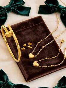 1 Set de Joyería Elegante y Delicada de Acero Inoxidable, Incluye Collar con Colgante en Forma de Corazón, Pulsera con Cuentas, Aretes en Forma de Corazón y Pulsera de Tachuelas, Adecuado para Uso Diario o Citas de Mujeres, Gran Regalo para Ella - Amarillo Oro - Ver 7