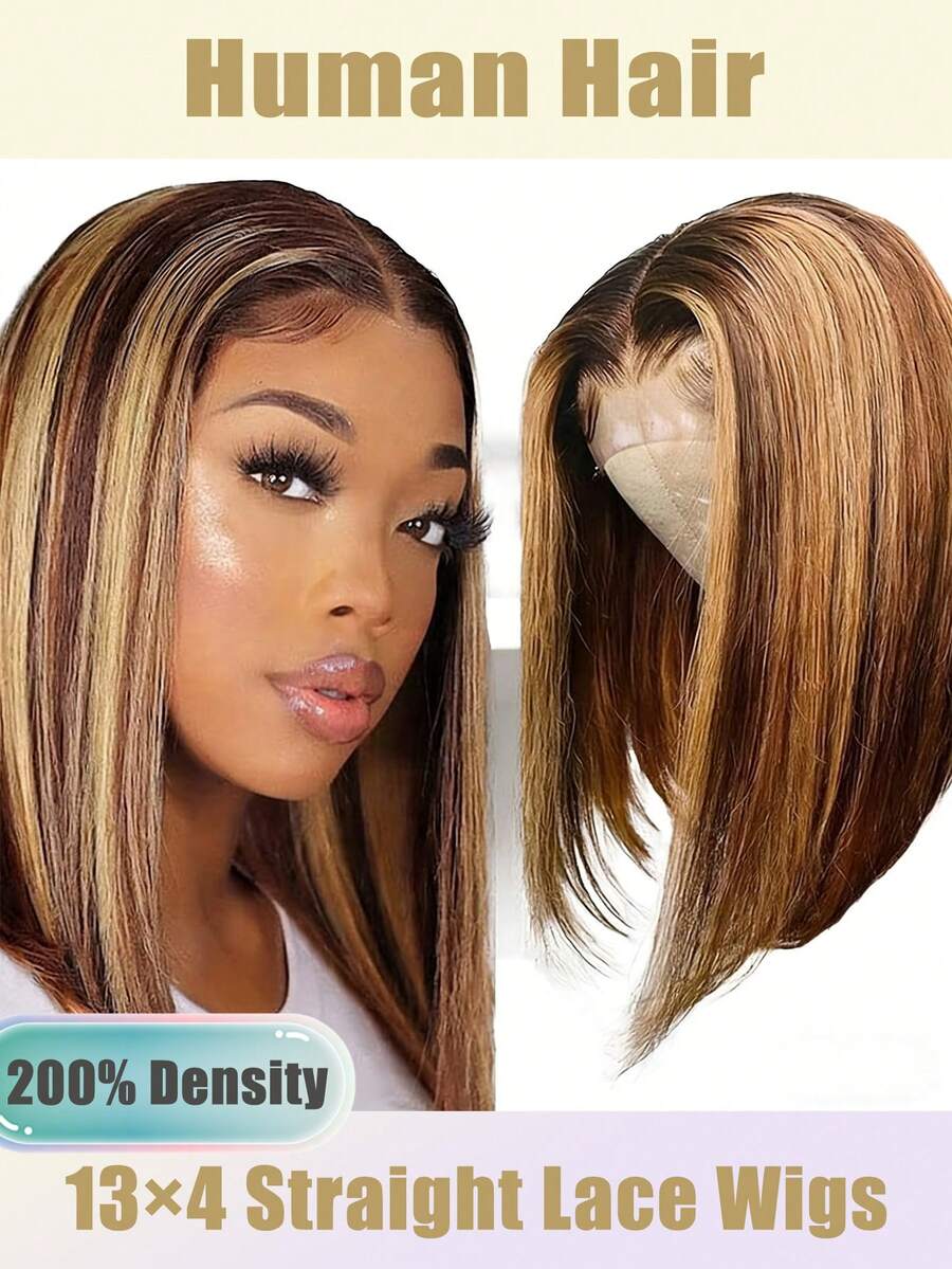 Honey Blonde Ombre Bob Lace Wig 8-16 Inch, 13x4 Straight Human Hair Wig, 200% Density Short Bob Frontal Wig, Glueless Pre-Plucked With Baby Hair, Highlights Basics For Women Bob Wig P4/27 Blonde Straight Lace Front Wig With Gradient Short Bob Style 8-16 Shiny Wig Pre-Plucked For Women Pre Plucked 13x4 Transparent 4/27 Honey Blonde Lace Frontal Wigs Suitable For Skin Tones, Natural Straight Hair Texture, No Glue Needed For Women