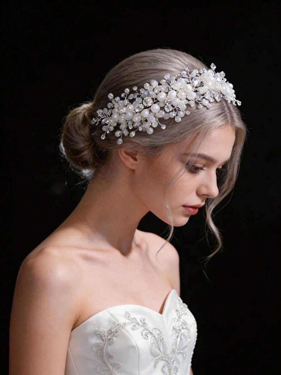Luxury Crystal Beaded Headpiece, Boho Bride Tassel Headband, Wedding Party Styling Accessory, Elegant Women's Rhinestone Headpiece - White - View 1