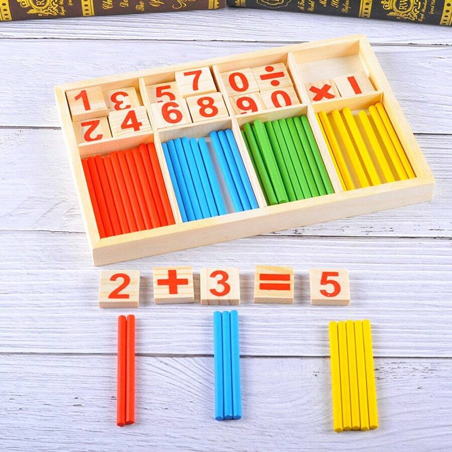 Wooden Math Learning Set With Numbered Blocks And Colored Counting Rods - Educational Counting Toys, Preschool STEM Learning Tools, Montessori Inspired Math Manipulatives, Kindergarten Number Recognition And Basic Arithmetic Practice Kit