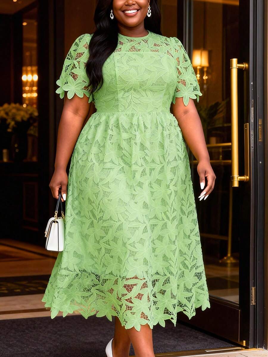 Plus Size Summer Woman Hollow Out Lace Floral Elegant A-Line Long Dress Party Wedding - Mint Green - View 1