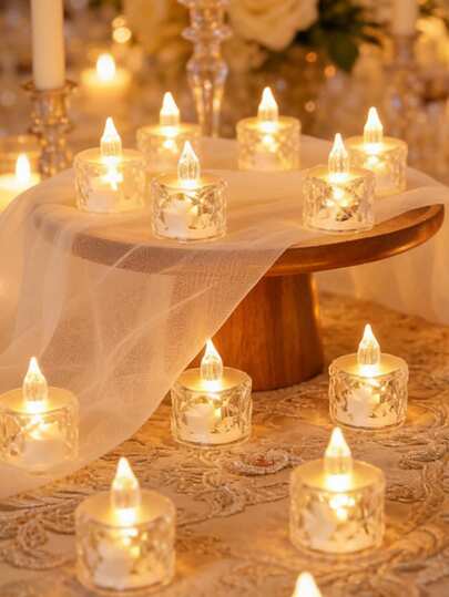 12个无焰LED茶蜡，电池供电，适用于瑜伽/家居/婚礼装饰、节日礼物和浪漫氛围装饰，水晶装饰塑料蜡烛，室内装饰，完美适用于圣诞节、派对、户外、餐桌、万圣节、周年纪念日、节日和求婚、餐厅、露营、秋季装饰、丰收装饰、房间装饰、卧室装饰（暖白光，含电池）（1.5英寸 x 1.9英寸）