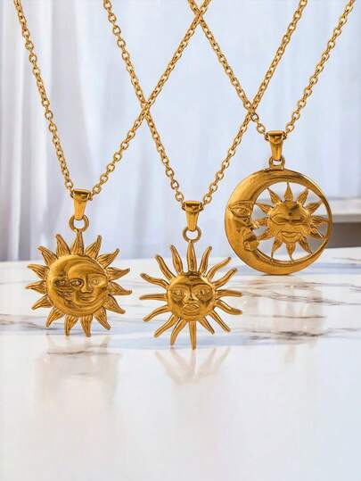 RAYQUEEN 1件不锈钢复古金色日月吊坠项链，适合节日和送礼