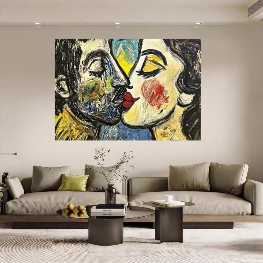Con marco 2D Plano, 1 Pieza Pablo Picasso "El Beso" Arte de Pared Enmarcado - Reproducción Cubista Abstracta, Impresión en Lienzo Envuelto Adecuada para Dormitorio, Cocina, Oficina, Sala de Estar de Casa de Campo - Icono Moderno del Artista Español, 2D Plano,Disponible en tamaños de 20.83 x 30.99 cm o 30.99 x 46.23 cm - Enmarcado - Ver 1