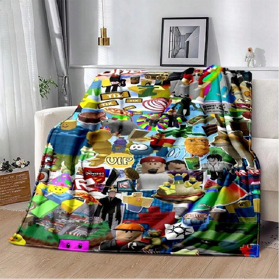 3D Cartoon R-Robloxs Game Flannel Blanket Soft Warm Throw Blanket For Bedroom Living Room Bed Travel Camping Picnic Gift(9).Jpg - trắng - Xem 1