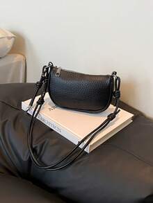 2026 Spring New Minimalist Fashion Solid Color Litchi Texture Saddle Bag, Casual Lace-Up Shoulder Mini Bag - Black - View 11