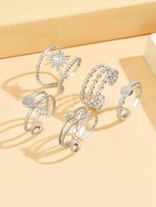 5pcs Vintage Elegant Star Ring Set, Hollow Pearl Chain Open Stainless Steel Rings, Waterproof Non-Fading Jewelry Gift For Women - Star - View 7