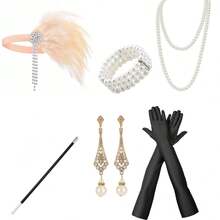 1920s Ladies' Wedding Party Makeup Ball Costume Headpiece Earrings Pearl Bracelet Long Pearl Necklace Hairband Retro Sexy Christmas Holiday Party Set - A - View 3