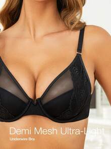 Push Up Bra Padded Mesh T-Shirt Bra - Black - View 2